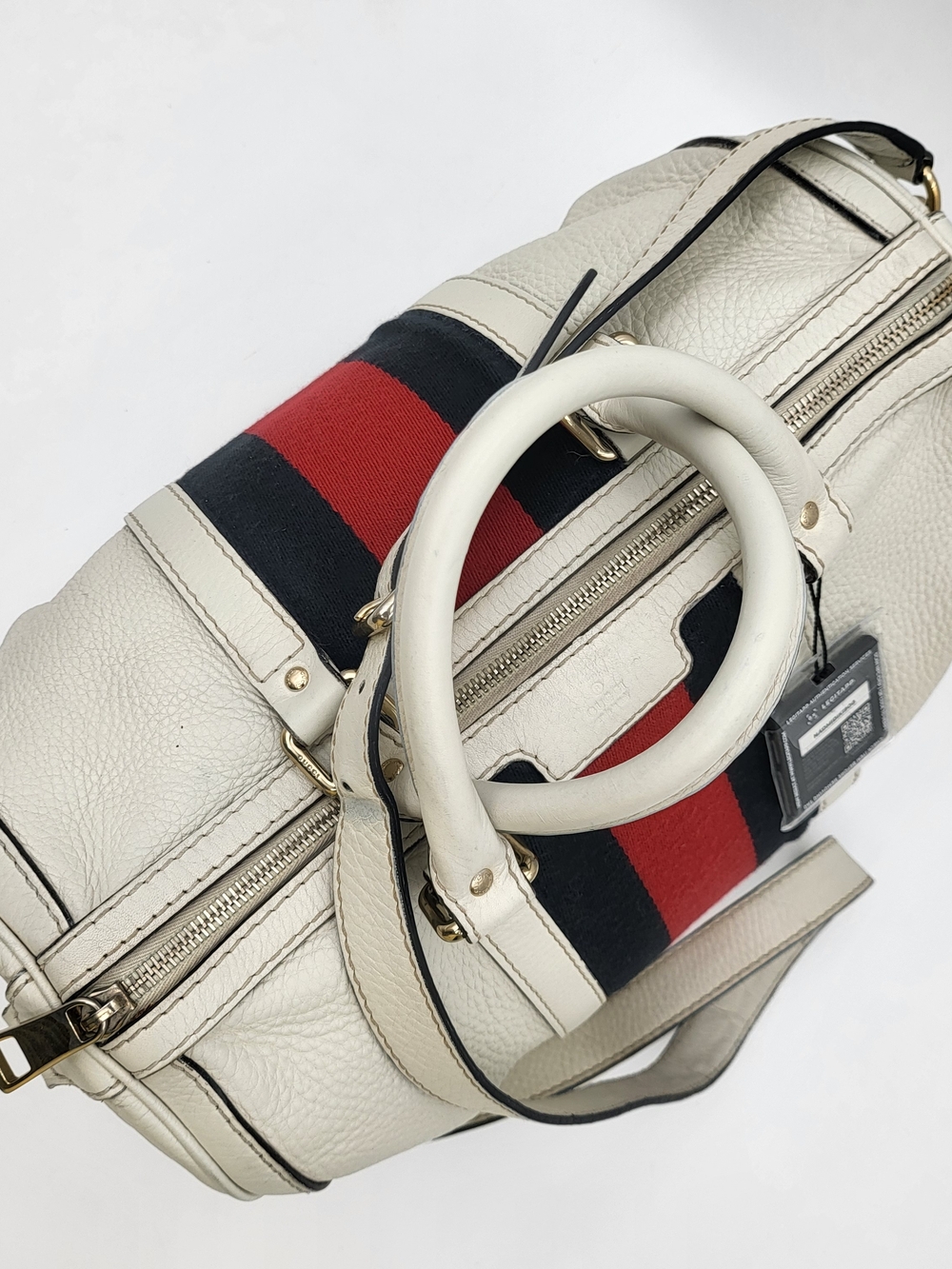 GUCCI White Lambskin Leather Web Stripe Medium Joy Boston 30,, Authentic w/COA. - Picture 5 of 16